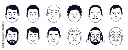 Diverse set of male avatars, minimalist line art faces, various expressions and styles