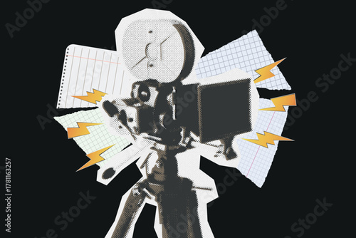Halftone Camera with like, sparkling star and flash lightning. video camera and decorative elements. Creative bright trendy concept illustration.