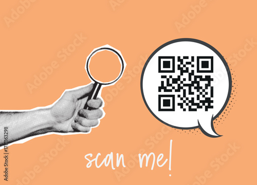 hands with a smartphone. Scrapbooking halftone cutout collage. Halftone hand holding smartphone with square qr code scan frame trendy collage paper cut out. Pop art paper cut hand