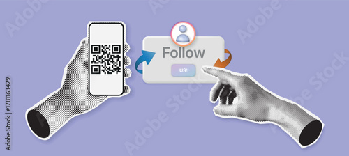 QR code scan. Abstract digital pattern for quick access, displayed on a smartphone screen held in hand. Black and white design representing mobile payment, website access, or