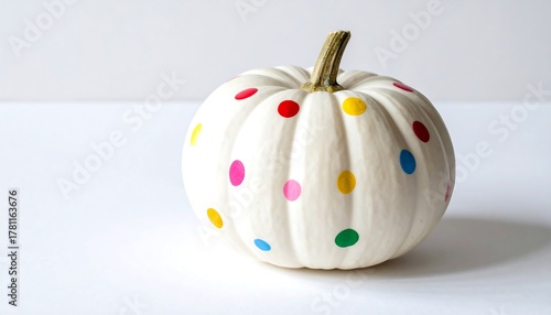 White pumpkin decorated with multicolor polka dots on neutral surface