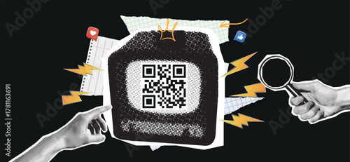 old tv and qr code. Includes a QR code placeholder for interactive offers.