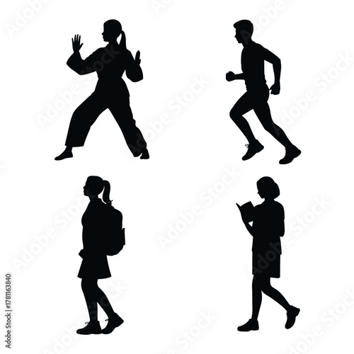 Silhouettes of diverse people engaged in various activities on a clean background