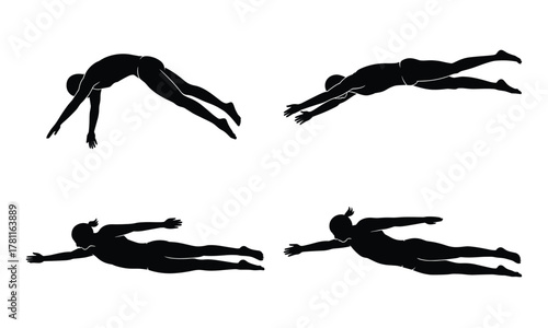 Swimmer diving and performing various strokes, dynamic water sport activity