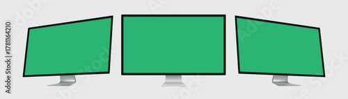 Three devices with green screen. Smartphone, computer and laptop with place for advertising. Modern gadgets with chromakey space on screen. Mobile phone, PC and notebook.