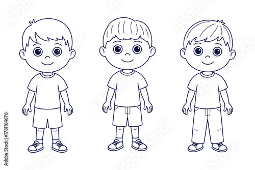 Three happy cartoon boys outline drawing. vector illustration of young smiling kids now.