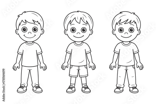 Three happy smiling cartoon boys standing in outline drawing style, perfect for kids.