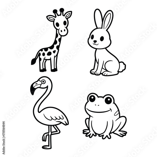 Cute cartoon black outline animal set: giraffe, bunny, flamingo, and frog vector