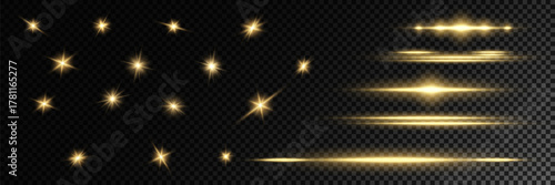 Glow isolated white transparent light effect set: lens flare, explosion, glitter, line, sun flash, spark, and stars. Abstract special effect element design.