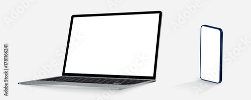 Laptop computer and mobile phone mockup. Digital devices screen template.