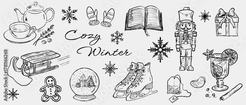 Hand drawn cozy winter elements: teapot, mittens, nutcracker, sled, ice skates, snow globe, gifts, citrus tea, gingerbread, snowflakes. Vector sketch illustration in vintage crayon charcoal style