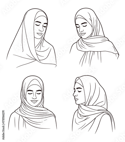 Line art illustrations of muslim women in hijabs, diverse expressions and poses.