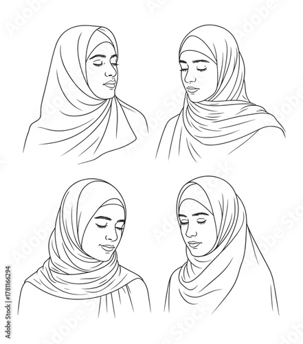 Four line art illustrations of a woman wearing a hijab with various expressions