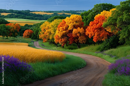 The beauty of autumn in the fields. Generative AI