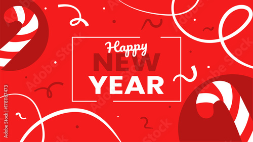 Modern Holiday New Year background with candy canes and confetti for sales, print, ads.