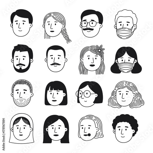 Various hand-drawn cartoon faces, diverse people avatars set in a grid layout