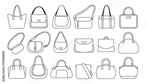 Outline collection of women's fashion handbags and purses accessory set vector
