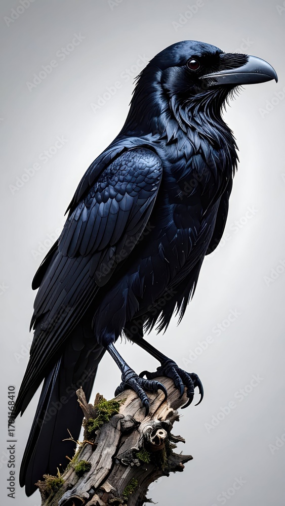 Fototapeta premium Majestic Black Raven Perched on Branch with Detailed Feather Texture