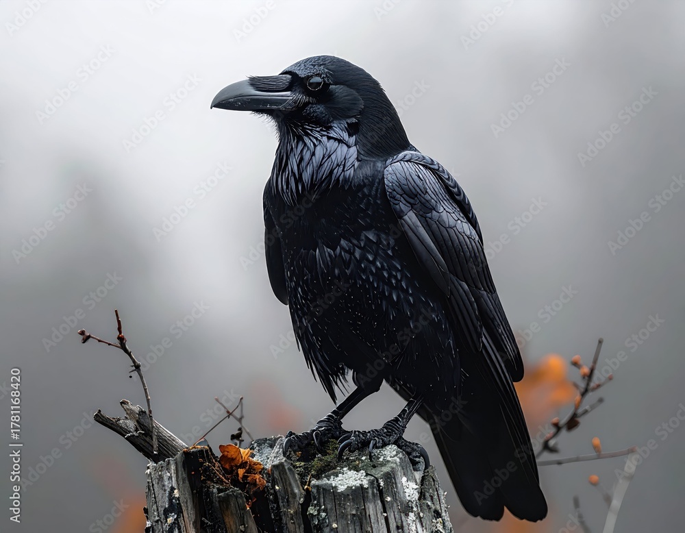 Obraz premium Majestic Black Raven Perched on a Weathered Log in Foggy Forest