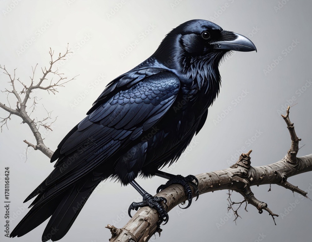 Fototapeta premium Majestic Black Raven Perched on Gnarled Tree Branch in Nature