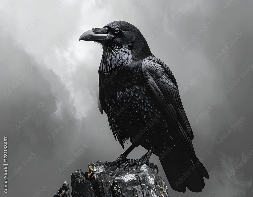 Fototapeta premium Majestic Black Raven Perched on a Rocky Outcrop Against Gray Sky