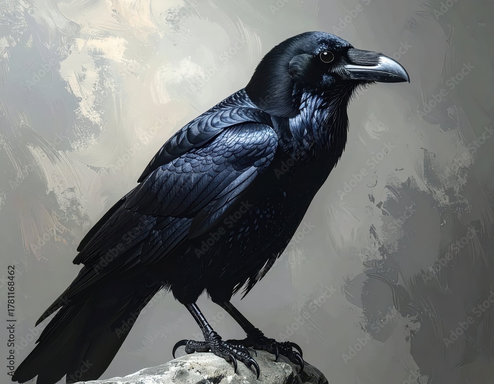 Naklejka premium Majestic Black Raven Sitting on Rock with Mysterious Background