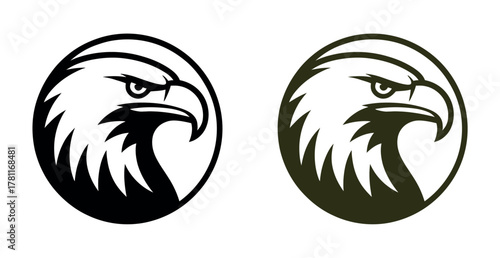 Graphic illustrations of an eagle's head in profile, one in black and white, the other in dark green.