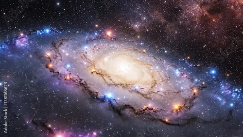 Spiral galaxy in deep space cosmic dust and celestial bodies