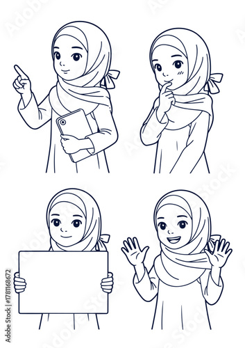 Young muslim woman in hijab showing various expressions and poses, line art