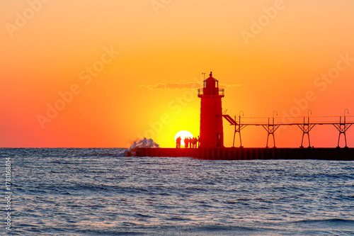 South Haven Lighthouse at sunset, Michigan