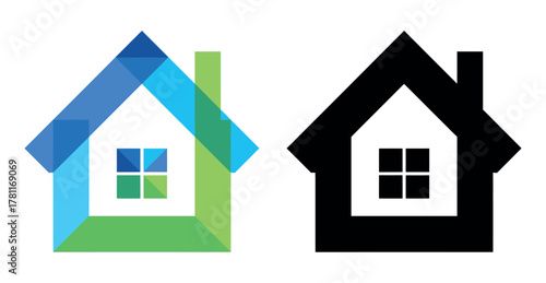 Two stylized house icons, one colorful and one silhouette, against a white background.