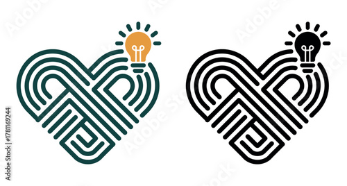 Heart-shaped maze with a lightbulb symbolizing inspiration and ideas