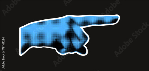 A hand collage with a blue outline sticker for a direction or next page with a retro pop art design.