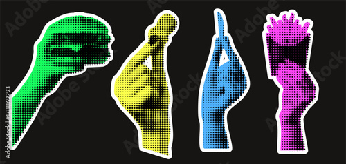 A hand collage kit with an outline stickers for a chicken burger and french fries with a retro pop art style.
