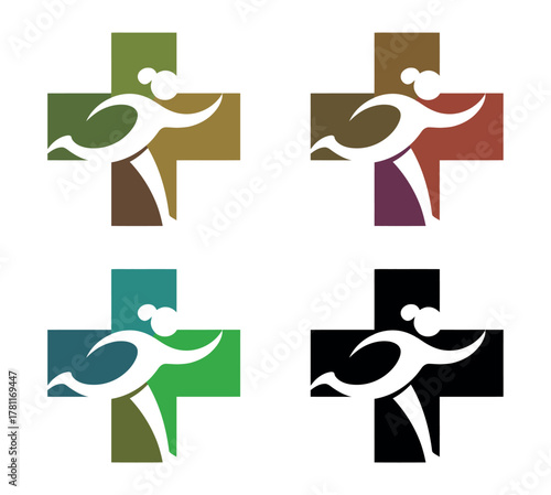 Four colorful cross symbols with a running figure inside represent health and movement.