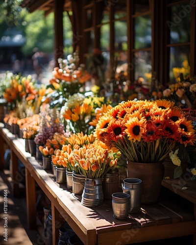 Flower shop display with sunflowers, tulips, and other colorful blooms