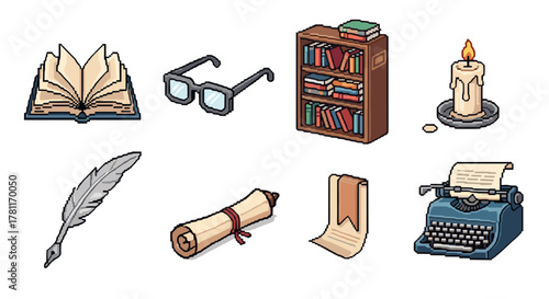 Pixel art reading icons: books, glasses, candle, quill, and typewriter collection
