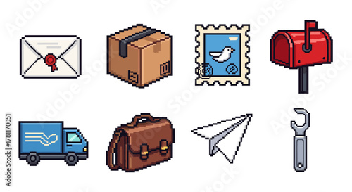 Vintage pixel art icons of mail and delivery items for retro digital design