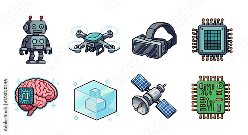 Futuristic technology icons: robots, drones, vr, artificial intelligence, and space
