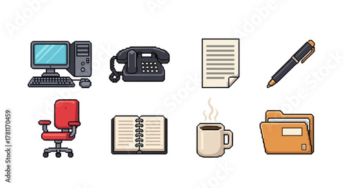 Office essentials icons collection: retro and modern equipment in flat design