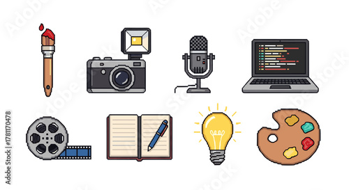 Creative tools icons set featuring flat design for art, photography, and technology