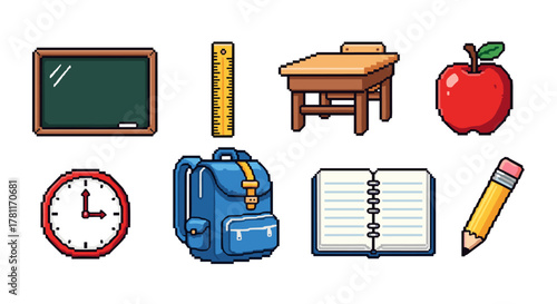 Pixel art school supplies set: chalkboard, backpack, apple, and more
