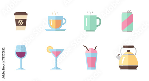 Assorted beverage icons in modern flat style design