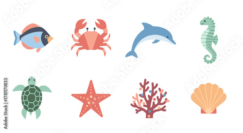Flat style marine life collection featuring sea creatures and ocean icons