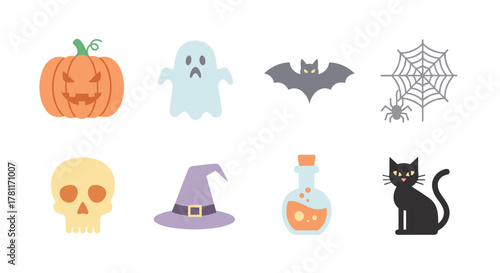Halloween icons set: pumpkin, ghost, bat, skull, spider, witch hat, potion, cat