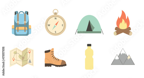 Adventure camping essentials: backpack, compass, tent, and more flat icons