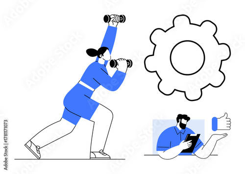 Woman exercising with dumbbells, a gear symbolizing strategy, and a man on a tablet giving a thumbs-up. Ideal for health, goals, fitness, progress, teamwork, planning and efficiency in simple flat