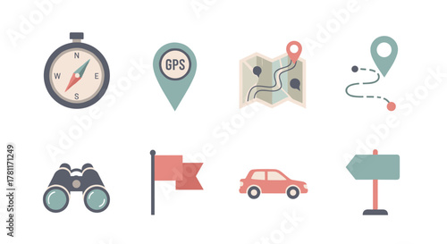 Navigation icons set: compass, gps marker, map, route, binoculars, flag, car, signpost