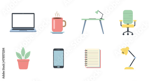 Minimalist office items collection featuring laptop and desk accessories