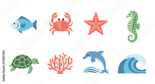 Colorful marine life icons: fish, crab, starfish, seahorse, and more